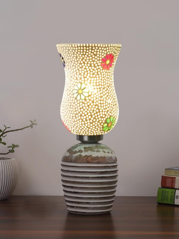 Multicolor Table Lamp | Artistic Mosaic Glass with Sturdy Wood Base | Decorative Ambient Light for Home D�cor | Perfect Blend of Modern & Traditional Style - Model DJC07