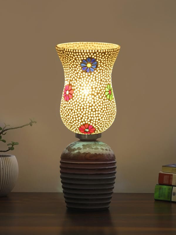 Multicolor Table Lamp | Artistic Mosaic Glass with Sturdy Wood Base | Decorative Ambient Light for Home D�cor | Perfect Blend of Modern & Traditional Style - Model DJC07