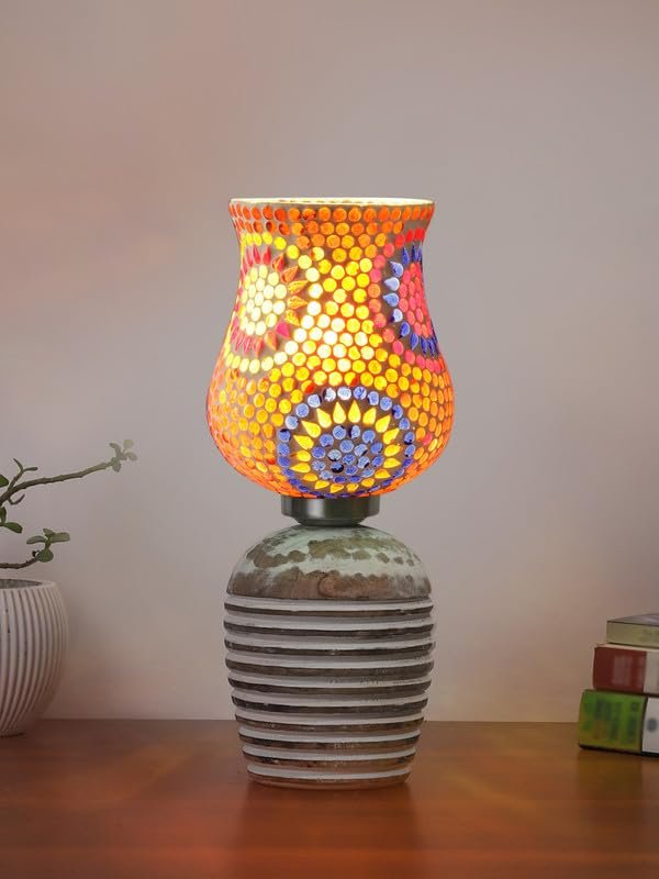 Multicolor Table Lamp | Artistic Mosaic Glass with Sturdy Wood Base | Decorative Ambient Light for Home D�cor | Perfect Blend of Modern & Traditional Style - Model DJC08