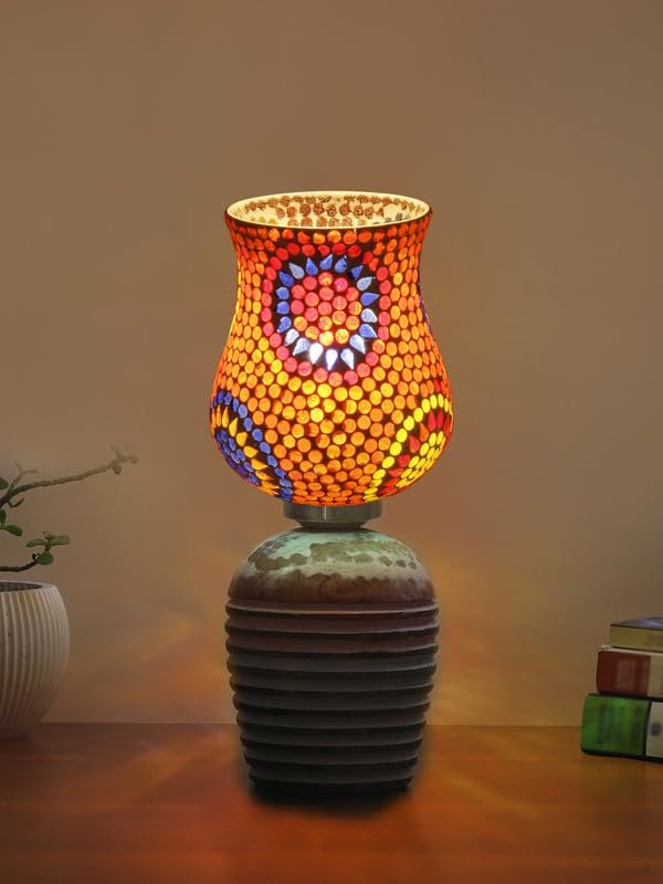 Multicolor Table Lamp | Artistic Mosaic Glass with Sturdy Wood Base | Decorative Ambient Light for Home D�cor | Perfect Blend of Modern & Traditional Style - Model DJC08