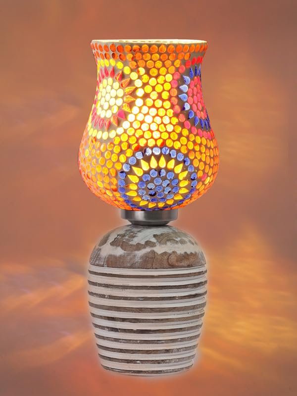 Multicolor Table Lamp | Artistic Mosaic Glass with Sturdy Wood Base | Decorative Ambient Light for Home D�cor | Perfect Blend of Modern & Traditional Style - Model DJC08