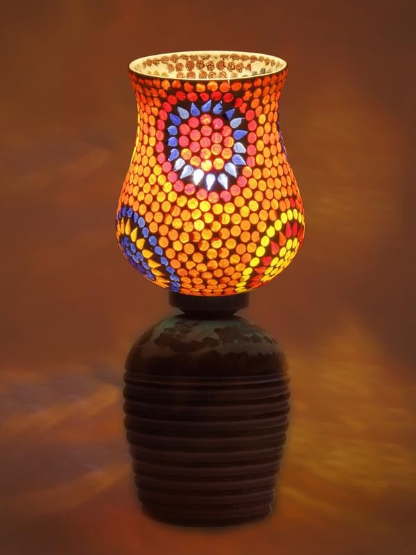Multicolor Table Lamp | Artistic Mosaic Glass with Sturdy Wood Base | Decorative Ambient Light for Home D�cor | Perfect Blend of Modern & Traditional Style - Model DJC08