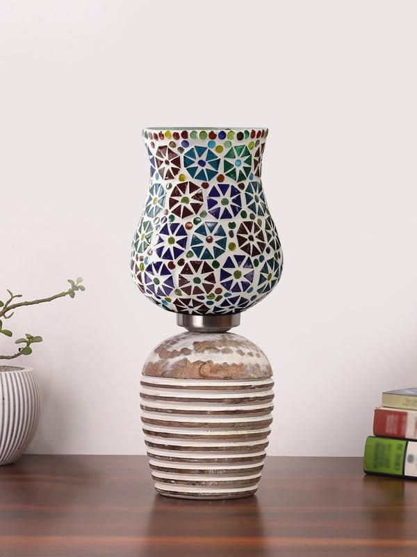 Multicolor Table Lamp | Artistic Mosaic Glass with Sturdy Wood Base | Decorative Ambient Light for Home D�cor | Perfect Blend of Modern & Traditional Style - Model DJC11