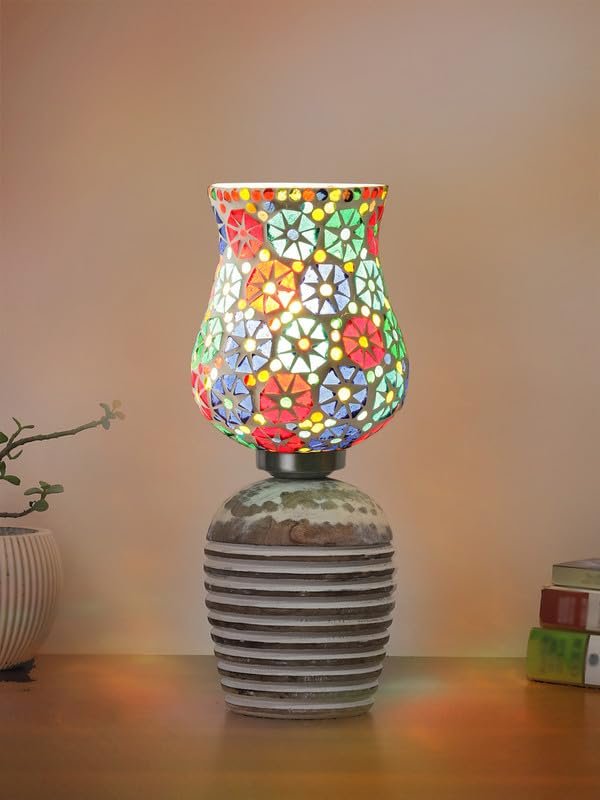Multicolor Table Lamp | Artistic Mosaic Glass with Sturdy Wood Base | Decorative Ambient Light for Home D�cor | Perfect Blend of Modern & Traditional Style - Model DJC11