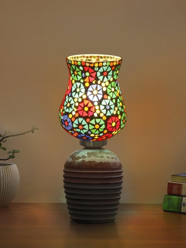 Multicolor Table Lamp | Artistic Mosaic Glass with Sturdy Wood Base | Decorative Ambient Light for Home D�cor | Perfect Blend of Modern & Traditional Style - Model DJC11