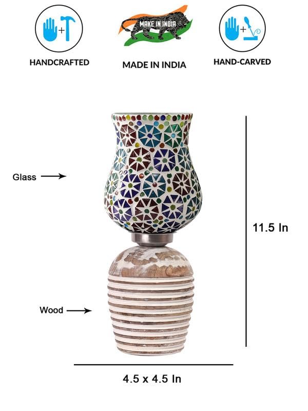 Multicolor Table Lamp | Artistic Mosaic Glass with Sturdy Wood Base | Decorative Ambient Light for Home D�cor | Perfect Blend of Modern & Traditional Style - Model DJC11
