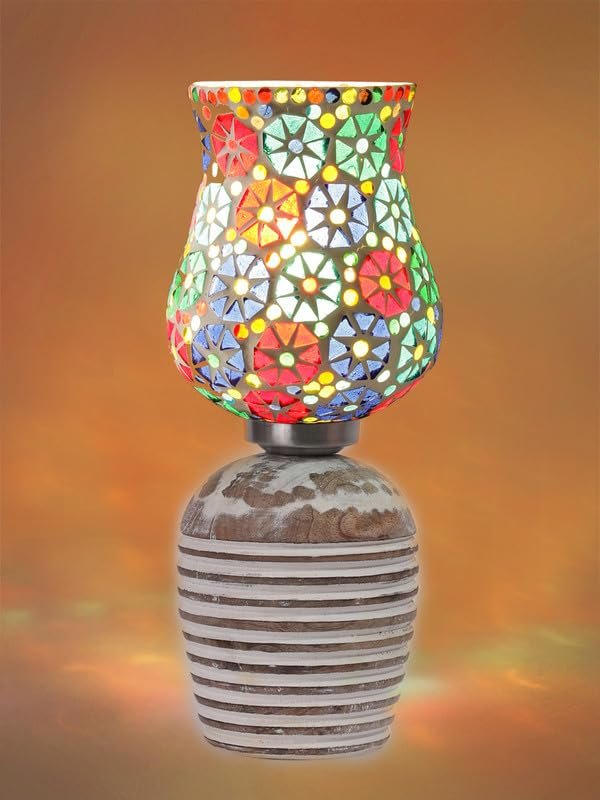 Multicolor Table Lamp | Artistic Mosaic Glass with Sturdy Wood Base | Decorative Ambient Light for Home D�cor | Perfect Blend of Modern & Traditional Style - Model DJC11