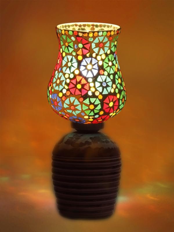 Multicolor Table Lamp | Artistic Mosaic Glass with Sturdy Wood Base | Decorative Ambient Light for Home D�cor | Perfect Blend of Modern & Traditional Style - Model DJC11