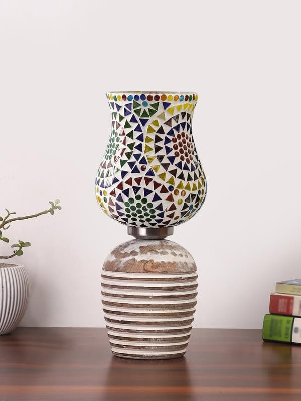 Multicolor Table Lamp | Artistic Mosaic Glass with Sturdy Wood Base | Decorative Ambient Light for Home D�cor | Perfect Blend of Modern & Traditional Style - Model DJC12
