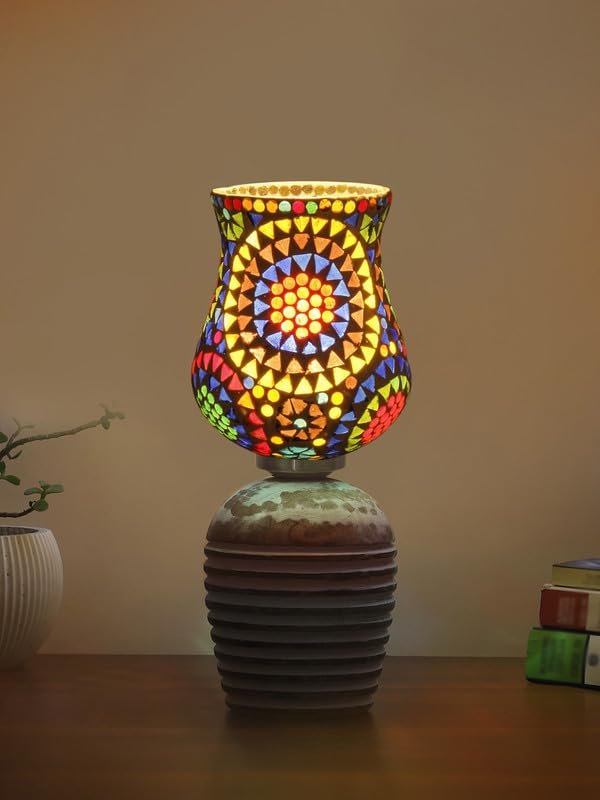 Multicolor Table Lamp | Artistic Mosaic Glass with Sturdy Wood Base | Decorative Ambient Light for Home D�cor | Perfect Blend of Modern & Traditional Style - Model DJC12