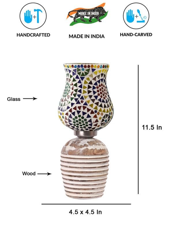 Multicolor Table Lamp | Artistic Mosaic Glass with Sturdy Wood Base | Decorative Ambient Light for Home D�cor | Perfect Blend of Modern & Traditional Style - Model DJC12