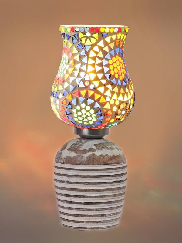 Multicolor Table Lamp | Artistic Mosaic Glass with Sturdy Wood Base | Decorative Ambient Light for Home D�cor | Perfect Blend of Modern & Traditional Style - Model DJC12