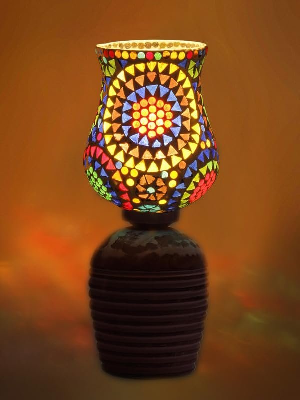 Multicolor Table Lamp | Artistic Mosaic Glass with Sturdy Wood Base | Decorative Ambient Light for Home D�cor | Perfect Blend of Modern & Traditional Style - Model DJC12