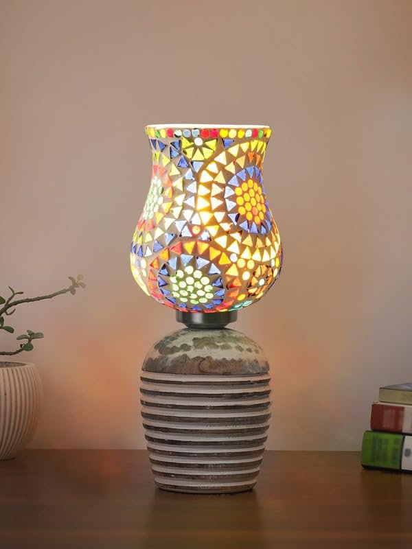 Multicolor Table Lamp | Artistic Mosaic Glass with Sturdy Wood Base | Decorative Ambient Light for Home D�cor | Perfect Blend of Modern & Traditional Style - Model DJC12