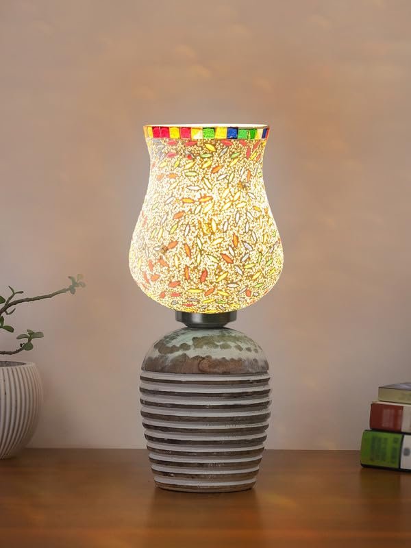 Multicolor Table Lamp | Artistic Mosaic Glass with Sturdy Wood Base | Decorative Ambient Light for Home D�cor | Perfect Blend of Modern & Traditional Style - Model DJC13