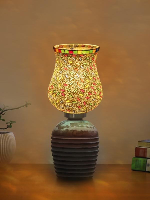 Multicolor Table Lamp | Artistic Mosaic Glass with Sturdy Wood Base | Decorative Ambient Light for Home D�cor | Perfect Blend of Modern & Traditional Style - Model DJC13