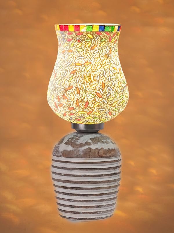 Multicolor Table Lamp | Artistic Mosaic Glass with Sturdy Wood Base | Decorative Ambient Light for Home D�cor | Perfect Blend of Modern & Traditional Style - Model DJC13