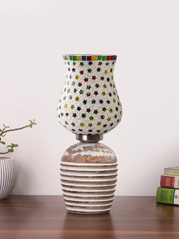 Multicolor Table Lamp | Artistic Mosaic Glass with Sturdy Wood Base | Decorative Ambient Light for Home D�cor | Perfect Blend of Modern & Traditional Style - Model DJC14