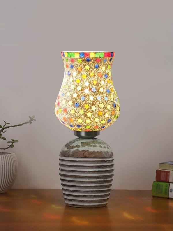 Multicolor Table Lamp | Artistic Mosaic Glass with Sturdy Wood Base | Decorative Ambient Light for Home D�cor | Perfect Blend of Modern & Traditional Style - Model DJC14