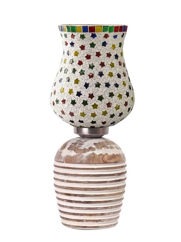 Multicolor Table Lamp | Artistic Mosaic Glass with Sturdy Wood Base | Decorative Ambient Light for Home D�cor | Perfect Blend of Modern & Traditional Style - Model DJC14