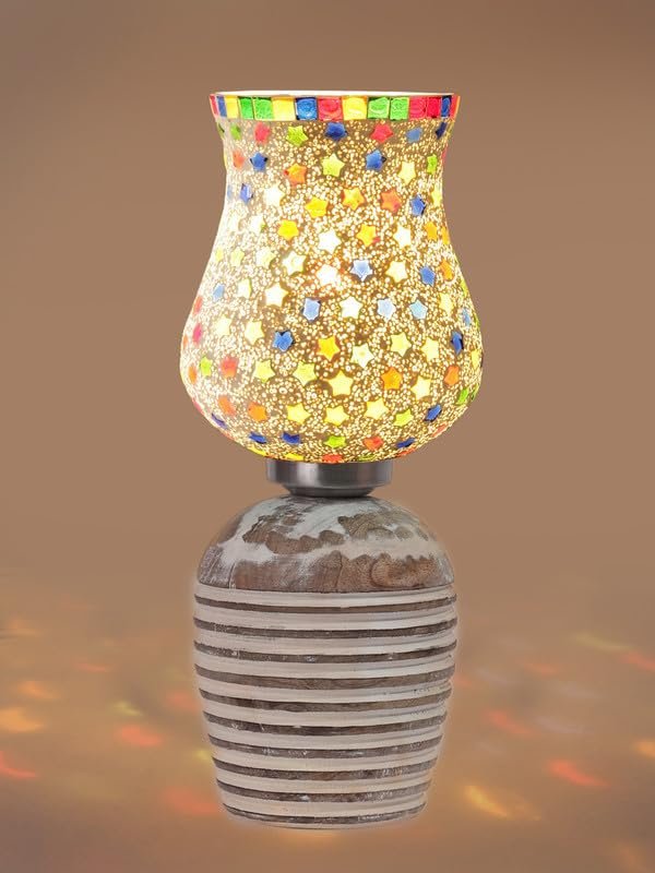 Multicolor Table Lamp | Artistic Mosaic Glass with Sturdy Wood Base | Decorative Ambient Light for Home D�cor | Perfect Blend of Modern & Traditional Style - Model DJC14