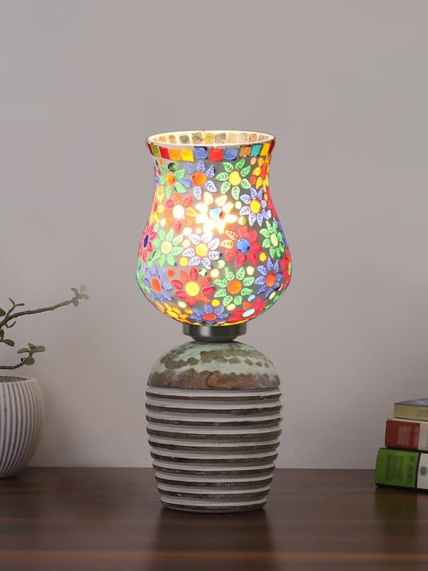 Multicolor Table Lamp | Artistic Mosaic Glass with Sturdy Wood Base | Decorative Ambient Light for Home D�cor | Perfect Blend of Modern & Traditional Style - Model DJC15
