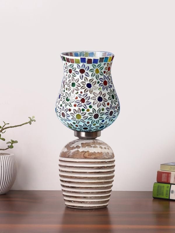 Multicolor Table Lamp | Artistic Mosaic Glass with Sturdy Wood Base | Decorative Ambient Light for Home D�cor | Perfect Blend of Modern & Traditional Style - Model DJC15