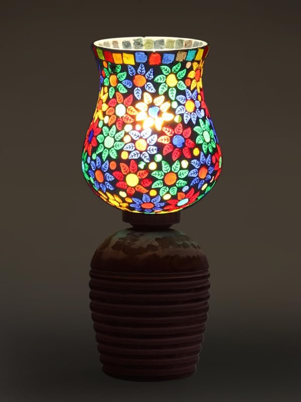 Multicolor Table Lamp | Artistic Mosaic Glass with Sturdy Wood Base | Decorative Ambient Light for Home D�cor | Perfect Blend of Modern & Traditional Style - Model DJC15