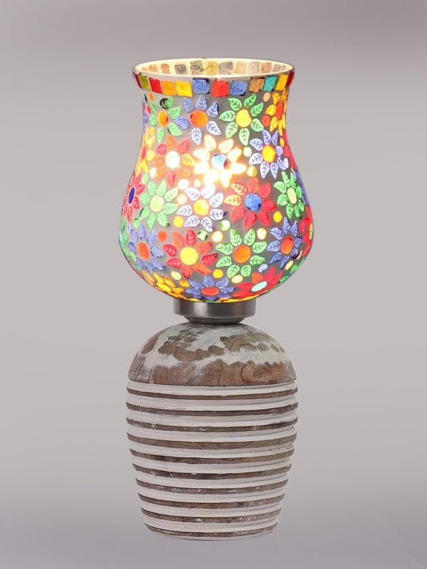 Multicolor Table Lamp | Artistic Mosaic Glass with Sturdy Wood Base | Decorative Ambient Light for Home D�cor | Perfect Blend of Modern & Traditional Style - Model DJC15