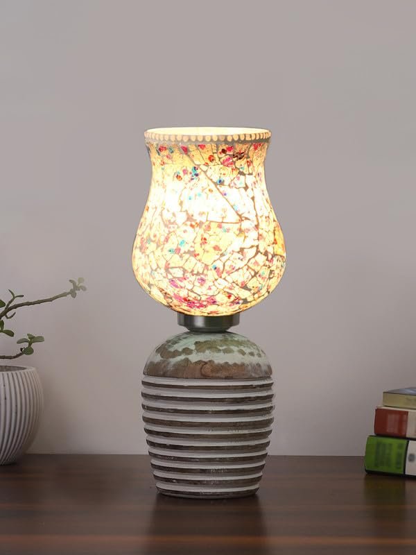 Multicolor Table Lamp | Artistic Mosaic Glass with Sturdy Wood Base | Decorative Ambient Light for Home D�cor | Perfect Blend of Modern & Traditional Style - Model DJC16