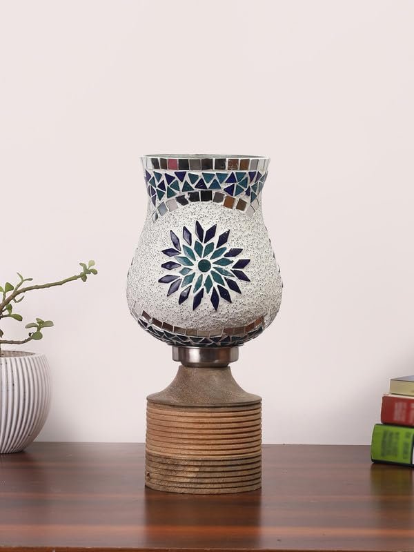 Multicolor Table Lamp | Artistic Mosaic Glass with Sturdy Wood Base | Decorative Ambient Light for Home D�cor | Perfect Blend of Modern & Traditional Style - Model DJE00