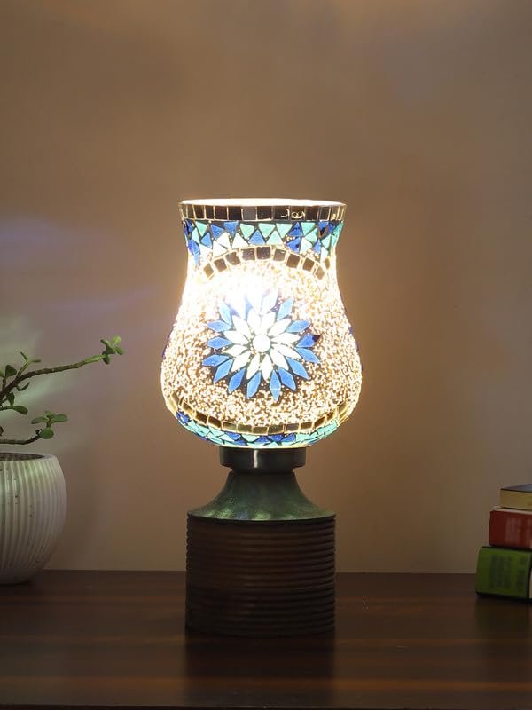 Multicolor Table Lamp | Artistic Mosaic Glass with Sturdy Wood Base | Decorative Ambient Light for Home D�cor | Perfect Blend of Modern & Traditional Style - Model DJE00