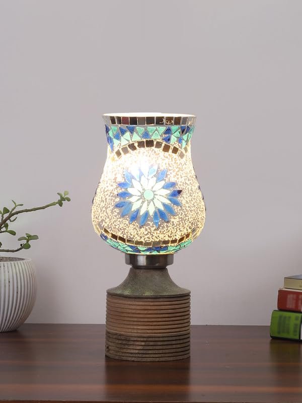 Multicolor Table Lamp | Artistic Mosaic Glass with Sturdy Wood Base | Decorative Ambient Light for Home D�cor | Perfect Blend of Modern & Traditional Style - Model DJE00