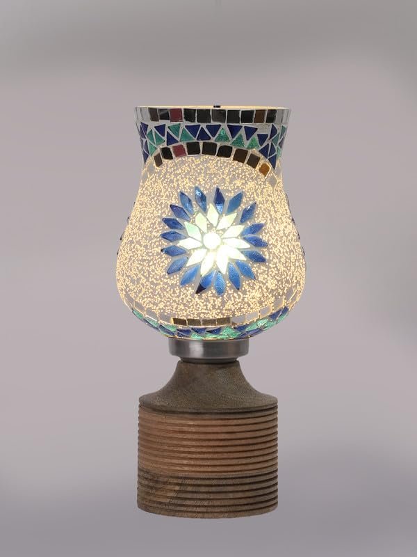 Multicolor Table Lamp | Artistic Mosaic Glass with Sturdy Wood Base | Decorative Ambient Light for Home D�cor | Perfect Blend of Modern & Traditional Style - Model DJE00
