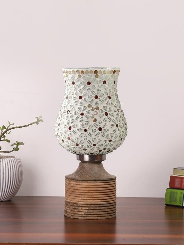 Multicolor Table Lamp | Artistic Mosaic Glass with Sturdy Wood Base | Decorative Ambient Light for Home D�cor | Perfect Blend of Modern & Traditional Style - Model DJE01