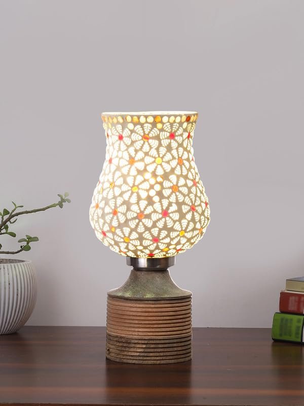 Multicolor Table Lamp | Artistic Mosaic Glass with Sturdy Wood Base | Decorative Ambient Light for Home D�cor | Perfect Blend of Modern & Traditional Style - Model DJE01