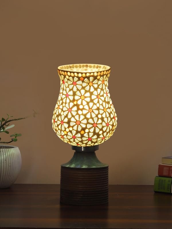 Multicolor Table Lamp | Artistic Mosaic Glass with Sturdy Wood Base | Decorative Ambient Light for Home D�cor | Perfect Blend of Modern & Traditional Style - Model DJE01