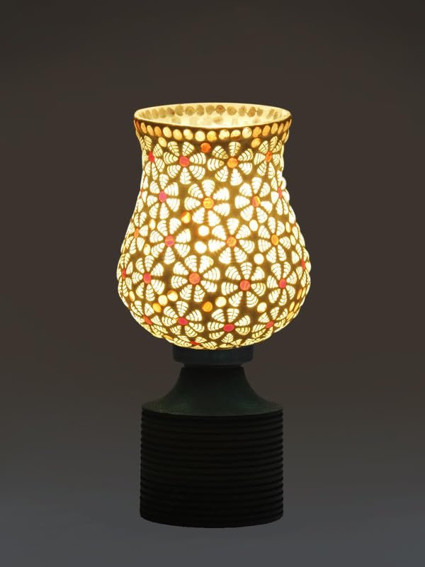 Multicolor Table Lamp | Artistic Mosaic Glass with Sturdy Wood Base | Decorative Ambient Light for Home D�cor | Perfect Blend of Modern & Traditional Style - Model DJE01