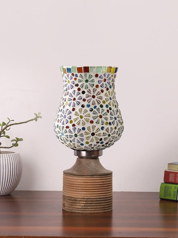 Multicolor Table Lamp | Artistic Mosaic Glass with Sturdy Wood Base | Decorative Ambient Light for Home D�cor | Perfect Blend of Modern & Traditional Style - Model DJE02