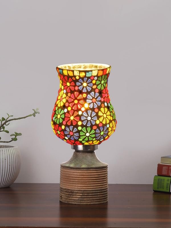 Multicolor Table Lamp | Artistic Mosaic Glass with Sturdy Wood Base | Decorative Ambient Light for Home D�cor | Perfect Blend of Modern & Traditional Style - Model DJE02