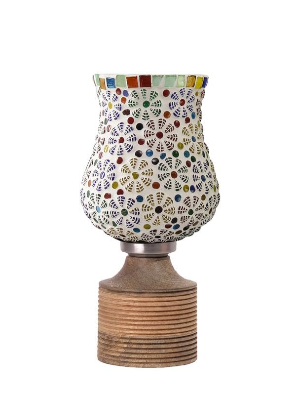 Multicolor Table Lamp | Artistic Mosaic Glass with Sturdy Wood Base | Decorative Ambient Light for Home D�cor | Perfect Blend of Modern & Traditional Style - Model DJE02