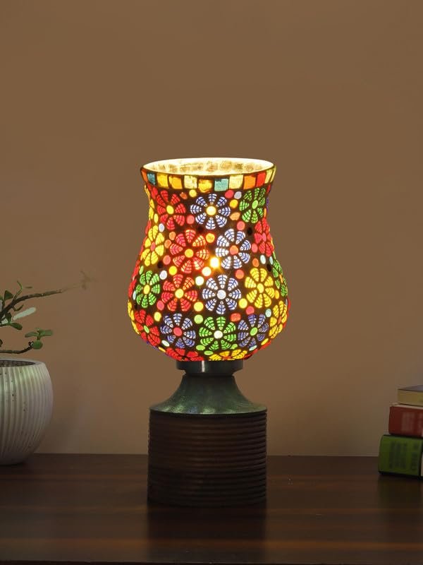 Multicolor Table Lamp | Artistic Mosaic Glass with Sturdy Wood Base | Decorative Ambient Light for Home D�cor | Perfect Blend of Modern & Traditional Style - Model DJE02