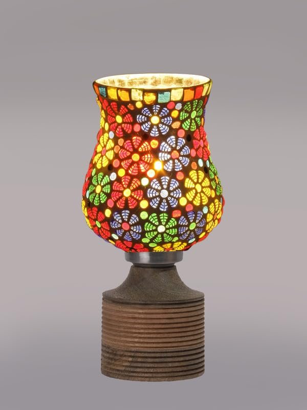 Multicolor Table Lamp | Artistic Mosaic Glass with Sturdy Wood Base | Decorative Ambient Light for Home D�cor | Perfect Blend of Modern & Traditional Style - Model DJE02