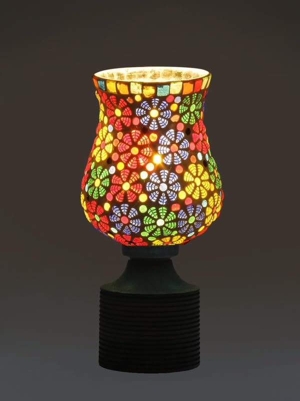 Multicolor Table Lamp | Artistic Mosaic Glass with Sturdy Wood Base | Decorative Ambient Light for Home D�cor | Perfect Blend of Modern & Traditional Style - Model DJE02