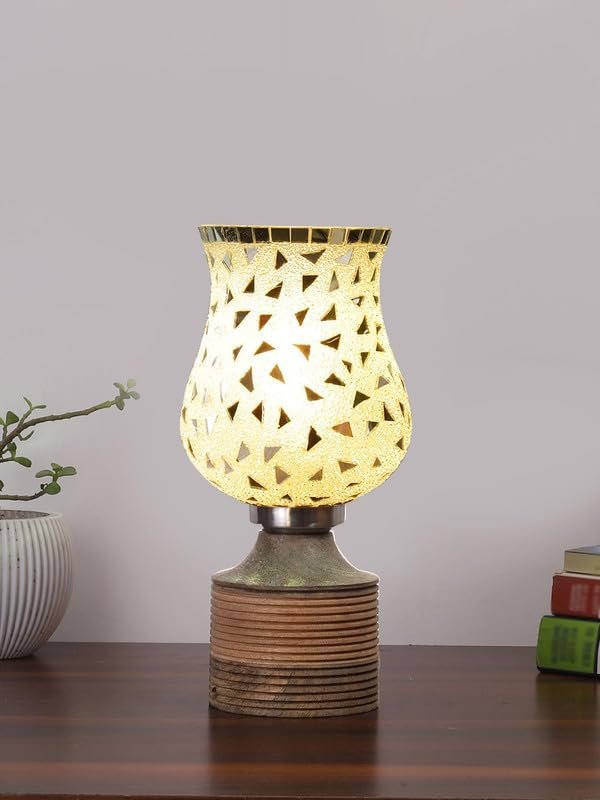 Multicolor Table Lamp | Artistic Mosaic Glass with Sturdy Wood Base | Decorative Ambient Light for Home D�cor | Perfect Blend of Modern & Traditional Style - Model DJE03