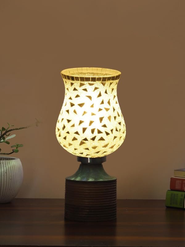 Multicolor Table Lamp | Artistic Mosaic Glass with Sturdy Wood Base | Decorative Ambient Light for Home D�cor | Perfect Blend of Modern & Traditional Style - Model DJE03