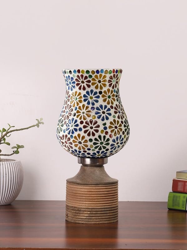 Multicolor Table Lamp | Artistic Mosaic Glass with Sturdy Wood Base | Decorative Ambient Light for Home D�cor | Perfect Blend of Modern & Traditional Style - Model DJE04