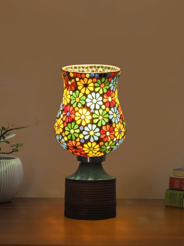 Multicolor Table Lamp | Artistic Mosaic Glass with Sturdy Wood Base | Decorative Ambient Light for Home D�cor | Perfect Blend of Modern & Traditional Style - Model DJE04
