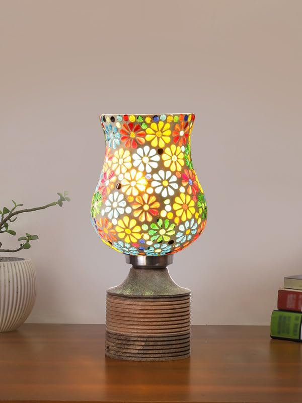 Multicolor Table Lamp | Artistic Mosaic Glass with Sturdy Wood Base | Decorative Ambient Light for Home D�cor | Perfect Blend of Modern & Traditional Style - Model DJE04