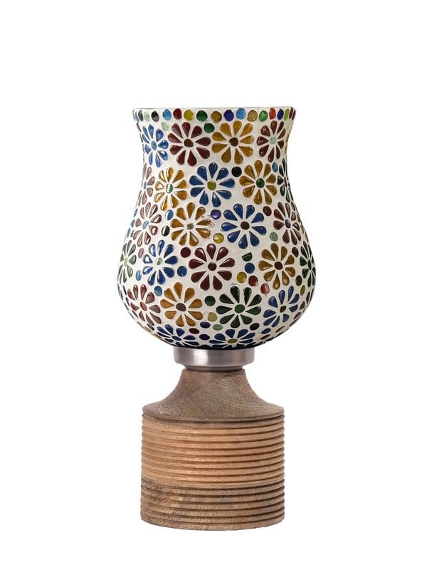 Multicolor Table Lamp | Artistic Mosaic Glass with Sturdy Wood Base | Decorative Ambient Light for Home D�cor | Perfect Blend of Modern & Traditional Style - Model DJE04